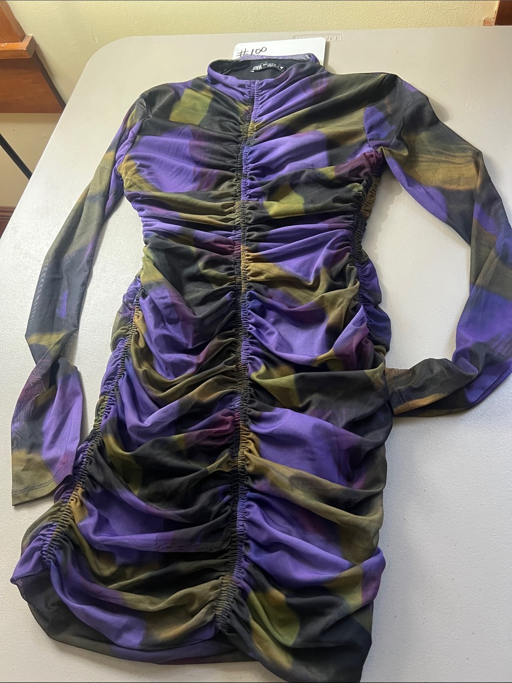 Zara Ruched Long-Sleeve Bodycon Dress in Purple and Olive